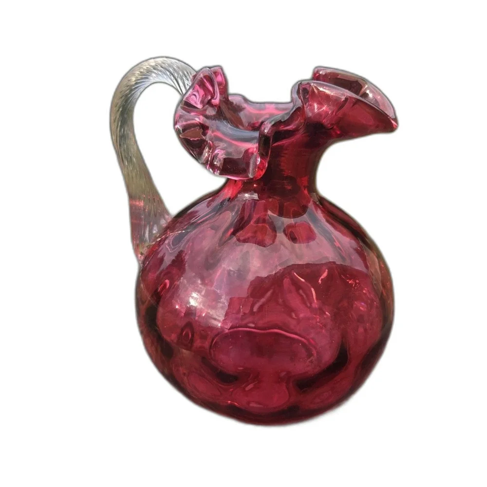 VTG Cranberry Glass Pitcher Ruffled Rim Clear Reeded Handle Optic 6.5 Inch